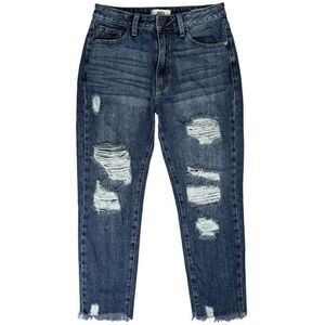 Just Black High Rise Mom Jeans Size 24 Destroyed Cropped Raw‎ Hem Ripped Holes